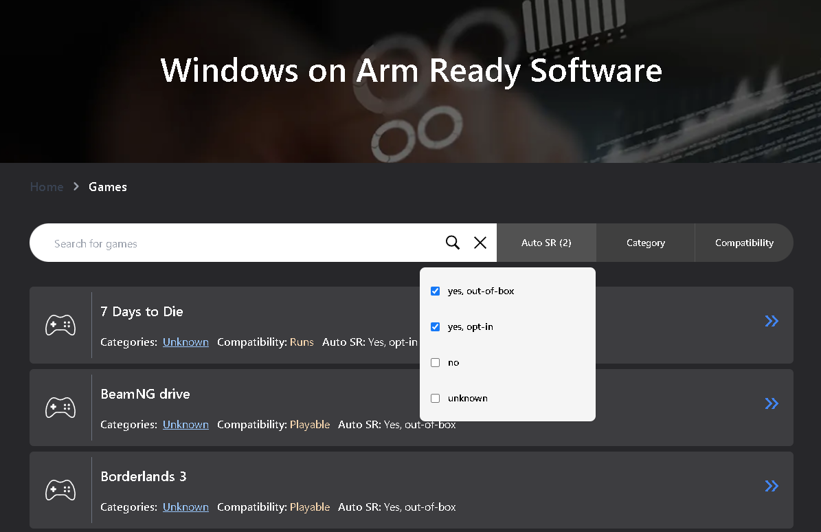動作確認済みのタイトルを検索できる。随時更新されているようで、「Shadow of the Tomb Raider」の対応は比較的新しいようだ