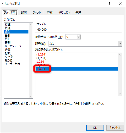 ［通貨］の表示形式が設定されている。マイナスの場合は赤文字