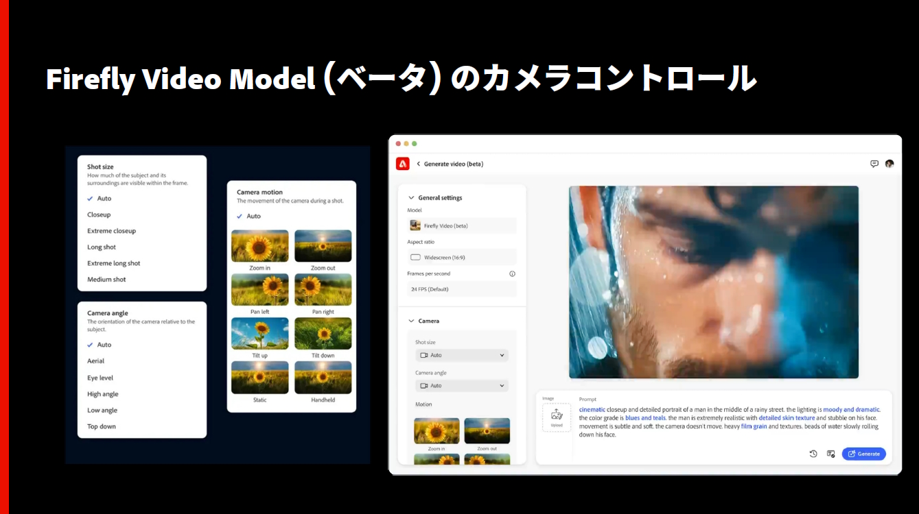 画面左側のプルダウンメニューでカメラコントロール（アスペクト比、フレームレート、アングル、モーションなど）を設定