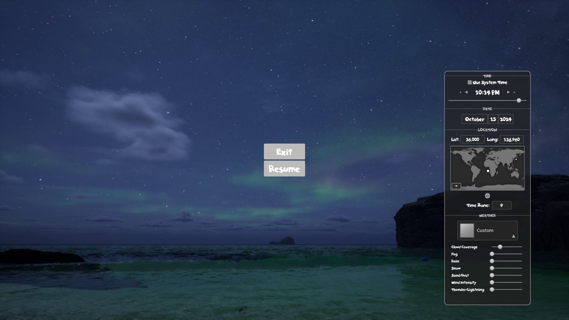 関東付近を選択してみると、夜空にオーロラが見える。この辺りはアバウトな感じだが、綺麗なのでよし