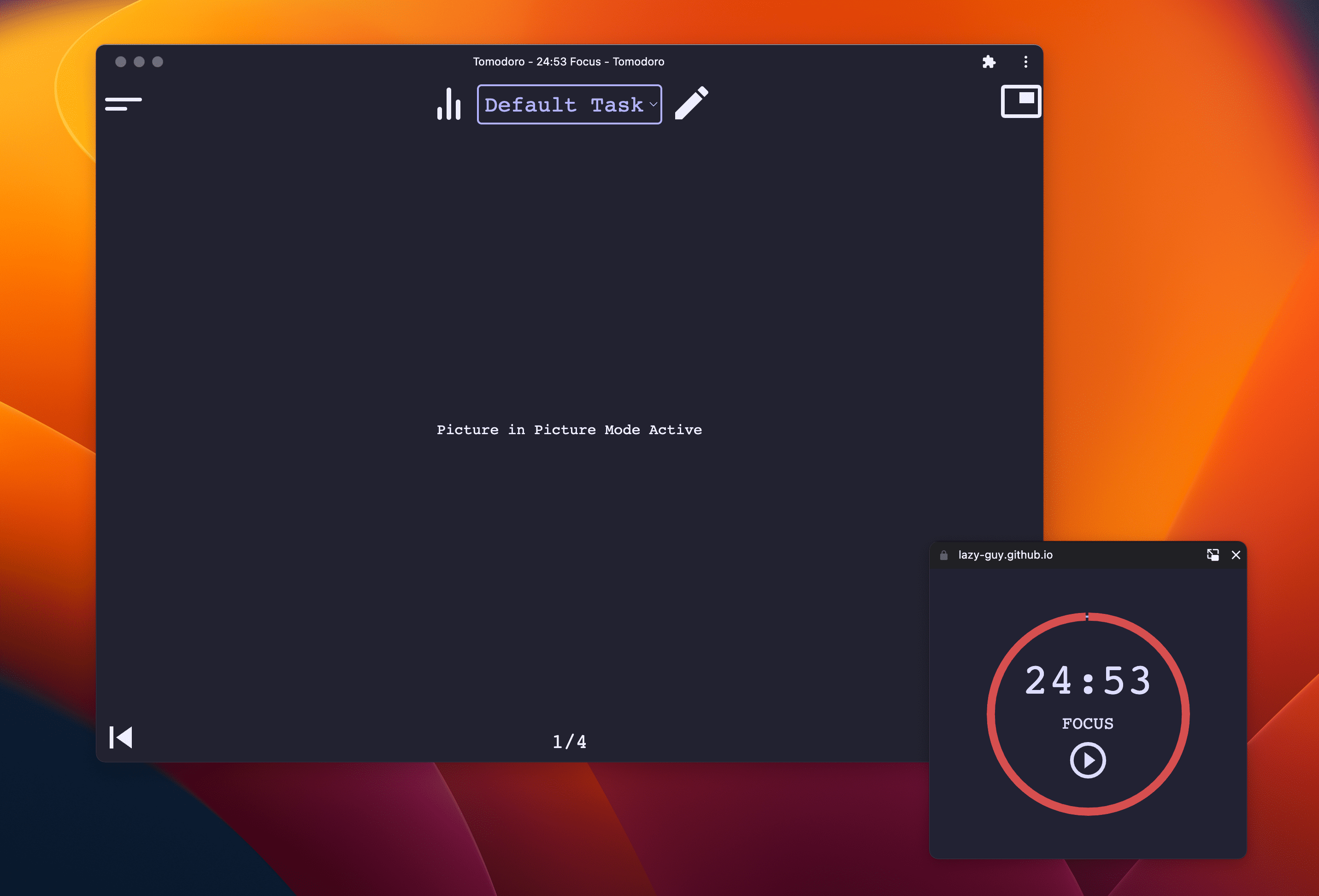 タスク管理アプリでポモドーロタイマー（休憩をはさみながら、一定時間集中して作業を行うためのタイマー）をピクチャーインピクチャー表示する例