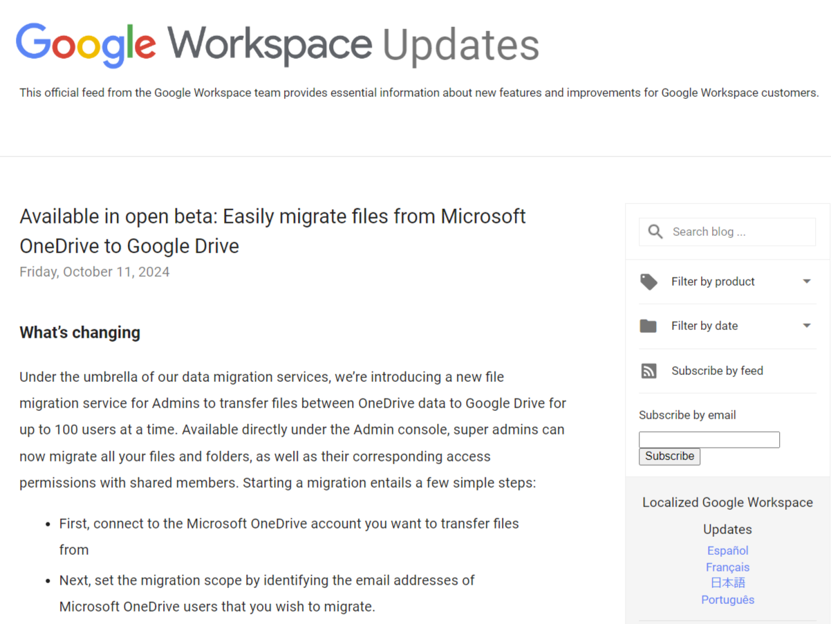 「Google Workspace」で「OneDrive」から「Google ドライブ」へのファイル移行が可能に
