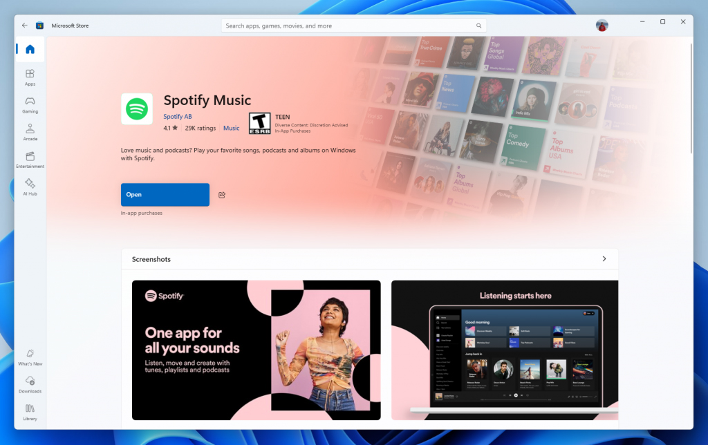 音楽ストリーミングサービス「Spotify Music」のライトモードの製品ページ