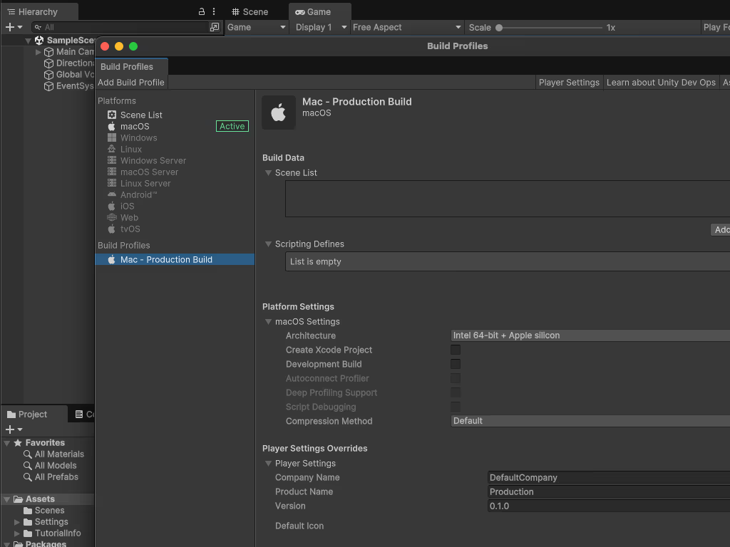 「Build Profile」ウィンドウ