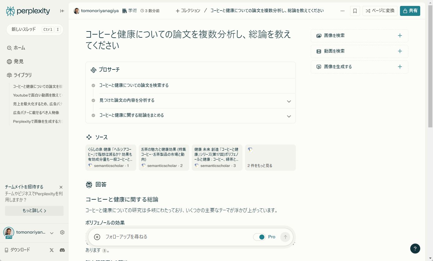 ［Pro］をONにしてプロンプトを入力すると分析が始まる