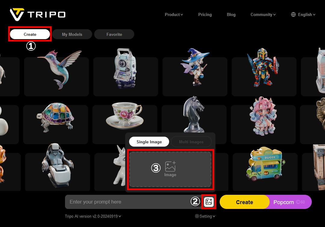 ［Create］タブ（①）から、入力フィールドの右側にある画像アイコン（②）をクリックし、現れたフィールド（③）に画像ファイルをドラッグ＆ドロップ