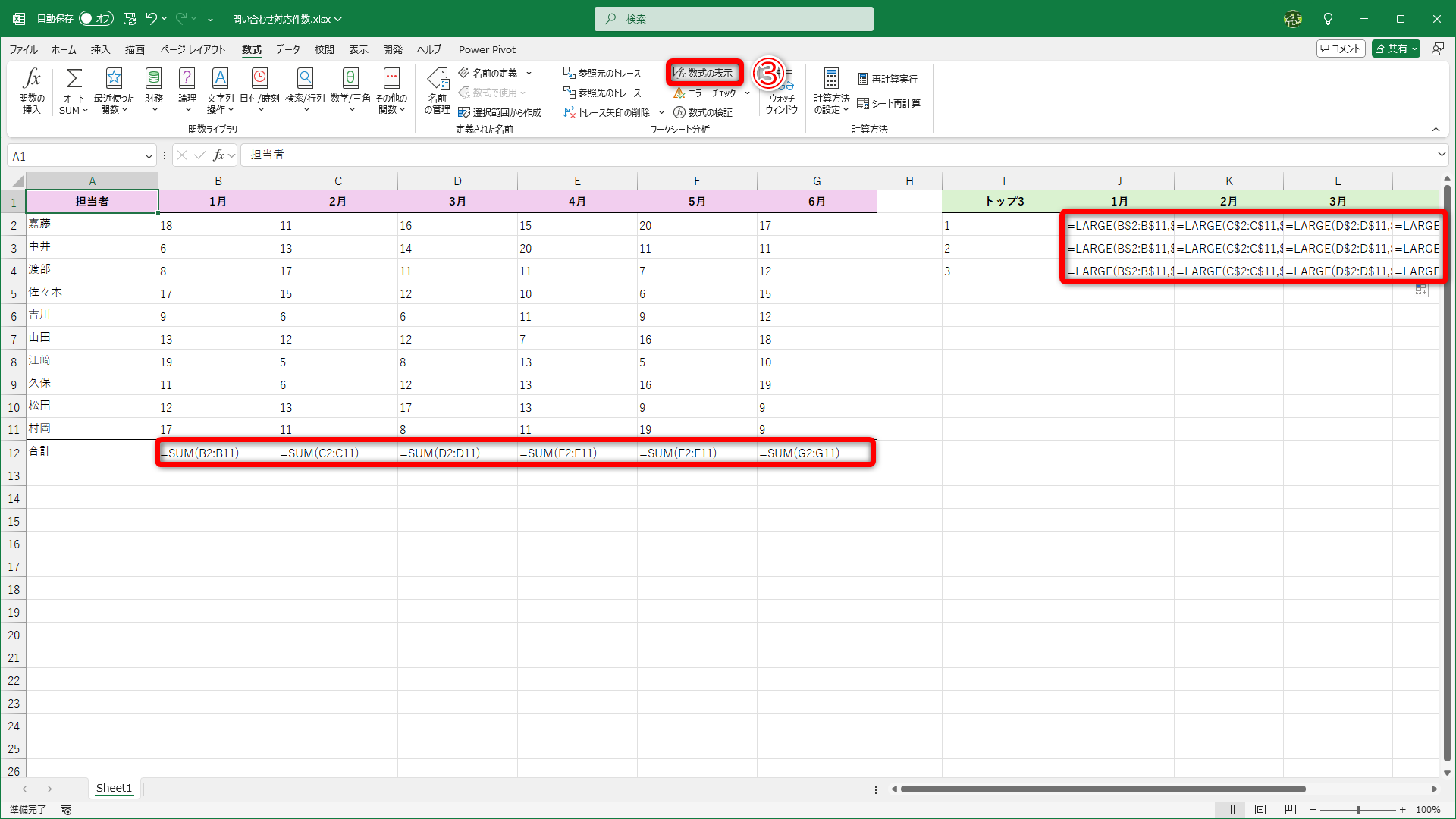 ワークシートに入力されている数式が表示されました。セルB12～G12、セルJ2～O4に数式が入力されていることがわかります。もう一度［数式の表示］（③）をクリックして表示を元に戻します