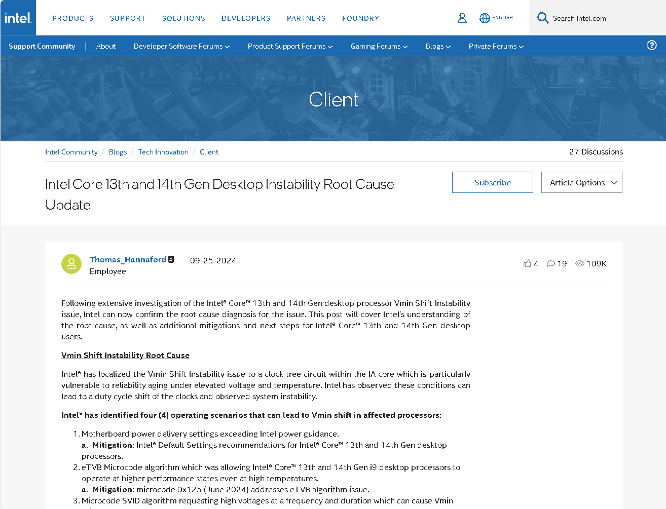 第13・14世代Coreに関する不具合対応の情報を記したWebサイト