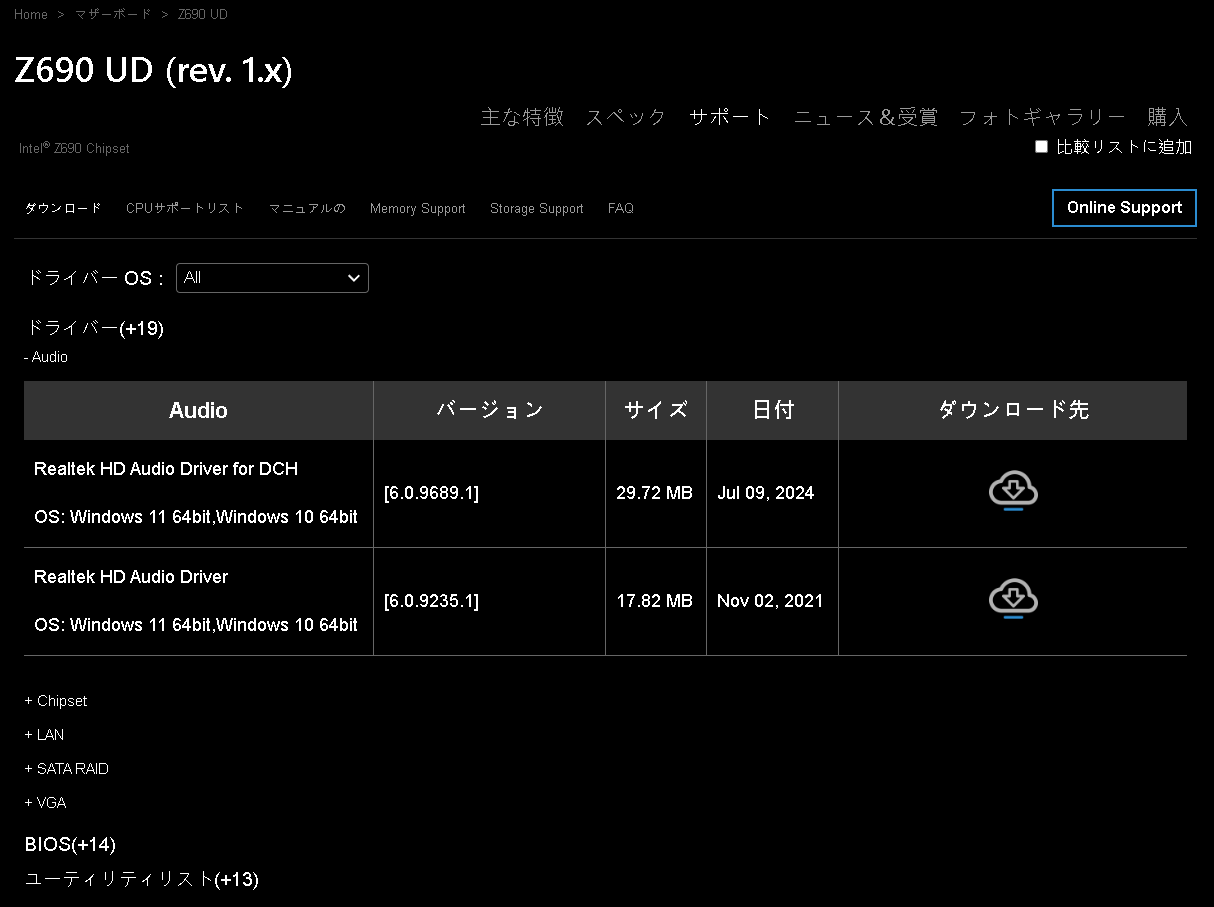 「Z690 UD」の「サポート」の項目で、「BIOS」と書かれたところをクリック