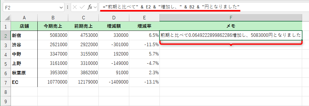 「&」を利用して、セルB2とE2の値、文字列を連結したが、意図通りにならない！