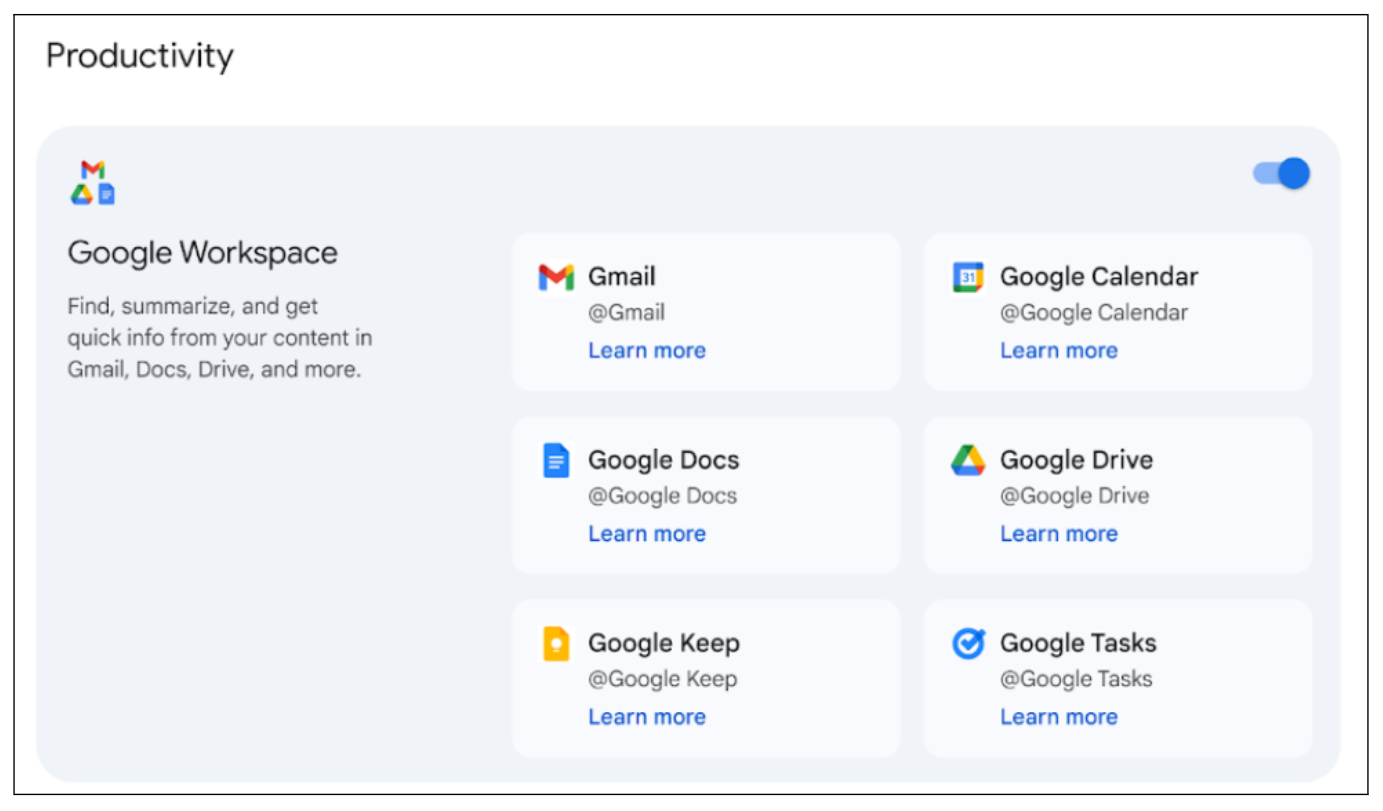 「Gemini」のGoogle Workspace拡張機能が対象アプリを拡大