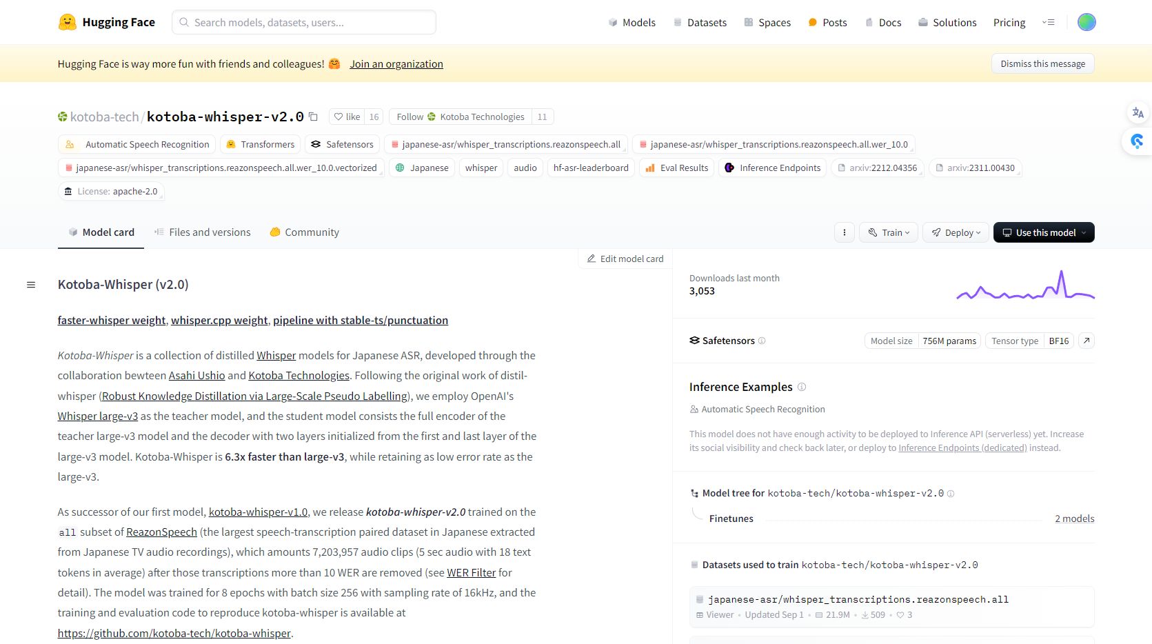 Hugging Faceで公開されている「kotoba-whisper-v2.0」のデモページ。誰でも無料で利用可能