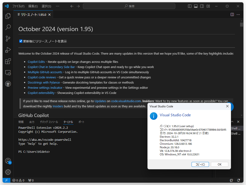 「Visual Studio Code」v1.95.0