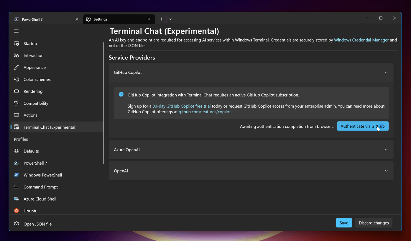 「Terminal Chat」（実験的）設定ページへアクセスし、「GitHub」と「GitHub Copilot」の認証を済ませると、AIプロバイダーとして「GitHub Copilot」が選べるように