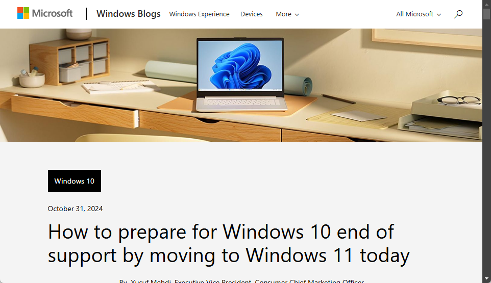 Windows 10からWindows 11への移行を促すブログ記事