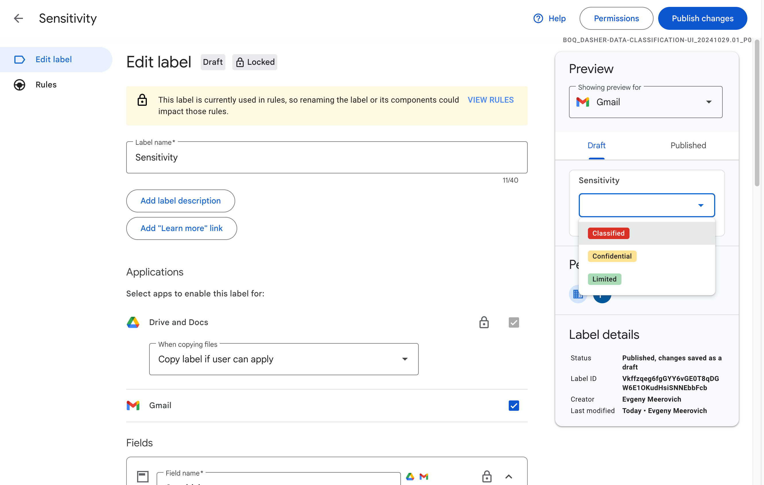 「Gmail」に「Google ドライブ」と同等のデータ分類ラベル
