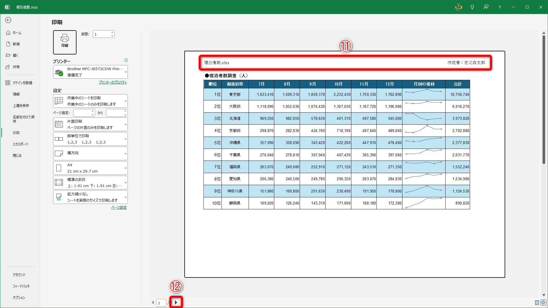 用紙の上部（ヘッダー）にファイル名と作成者名が表示されています（⑪）。［▶］（⑫）をクリックして。次ページに切り替えます
