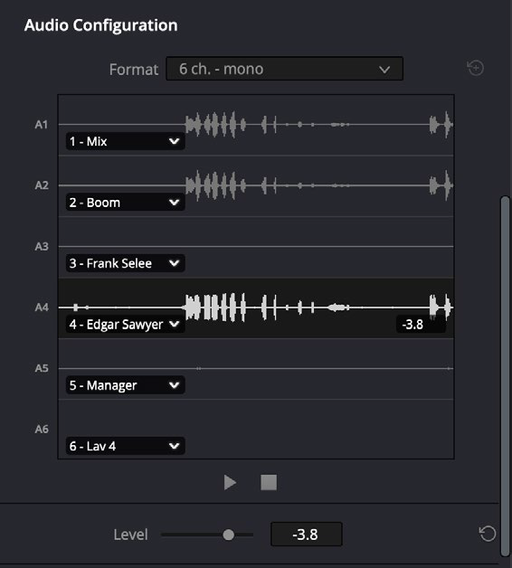 オーディオインスペクターでソースファイル内の各チャンネルでトリムレベルを調節