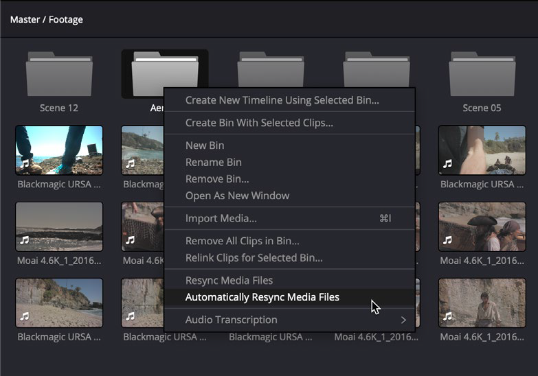 右クリックメニューからビンを指定フォルダーと自動同期