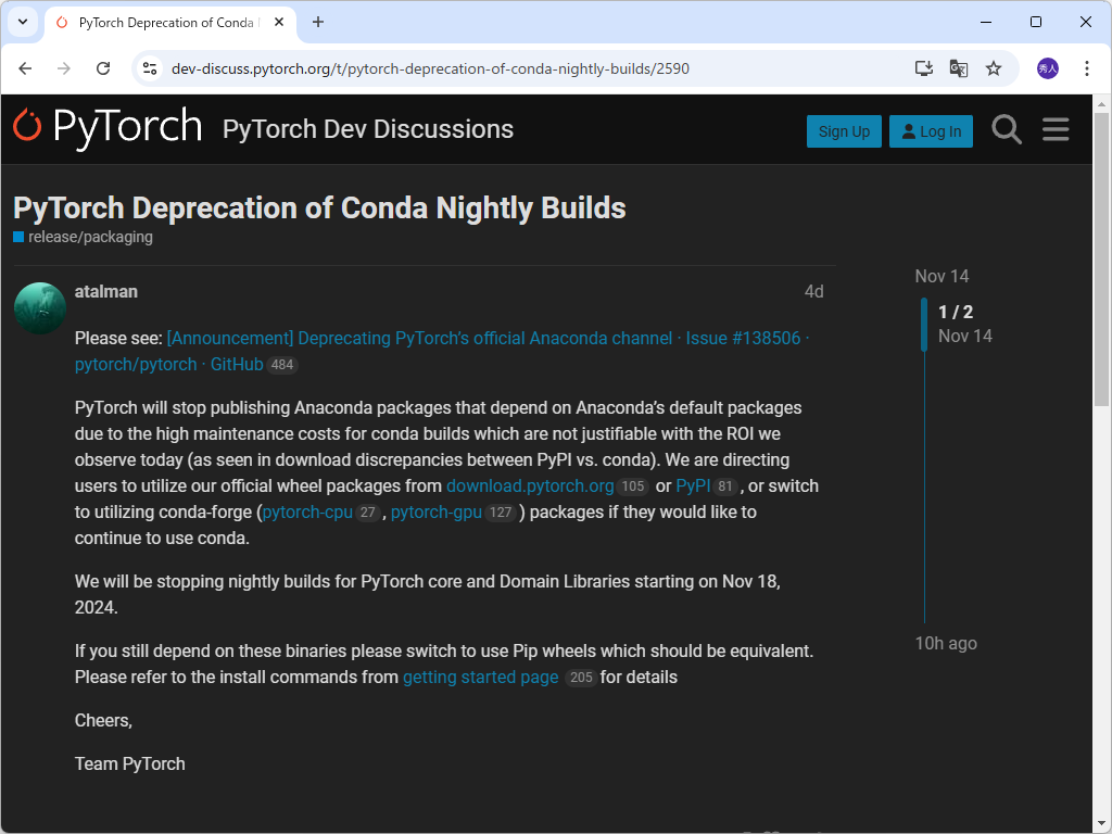 「PyTorch」開発チームのアナウンス