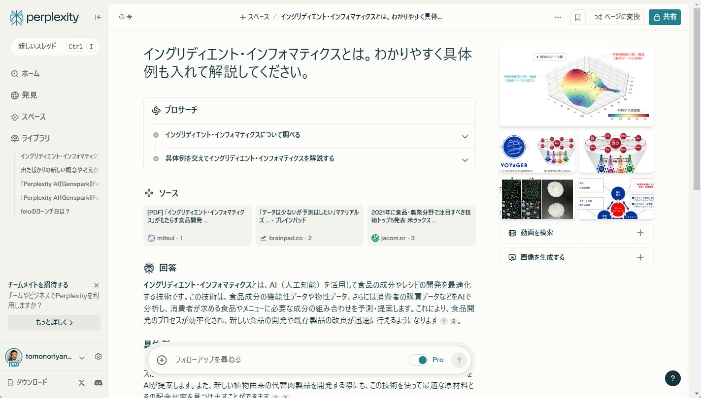 最新の概念や技術も検索特化型生成AIならさくっと日本語で解説してくれる。画面は「Perplexity」