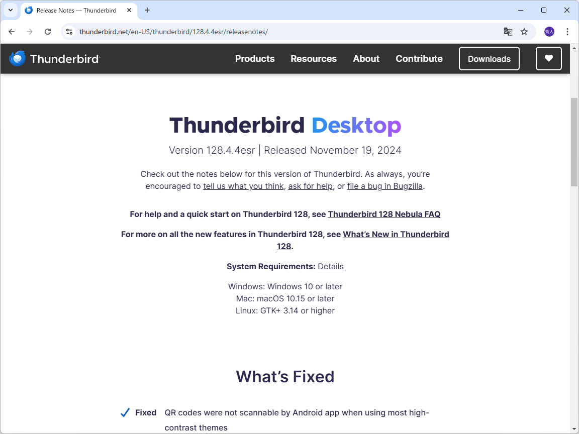 「Thunderbird」v128.4.4esr