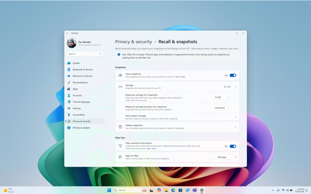 「Recall」の設定ページ