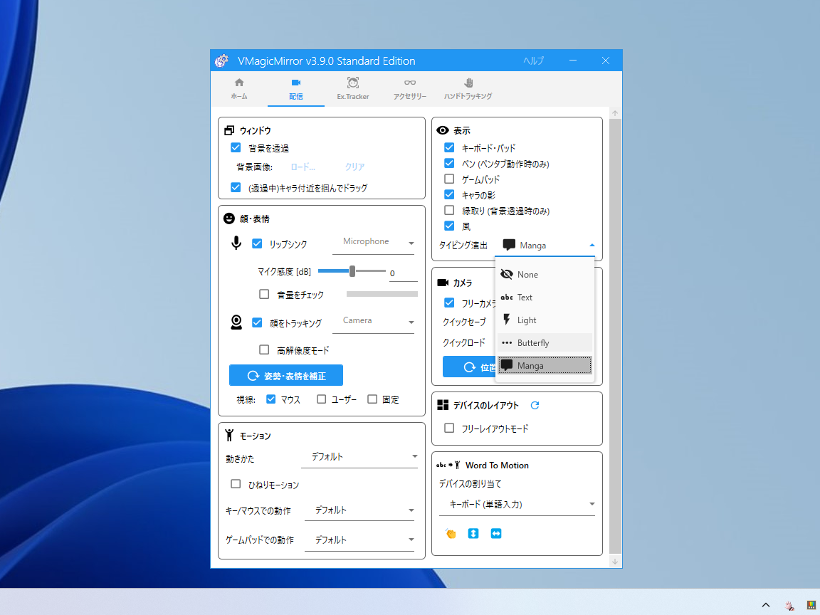「VMagicMirror」の設定画面。タイピング演出のオプションは［配信］タブにある［表示］セクションで変更が可能