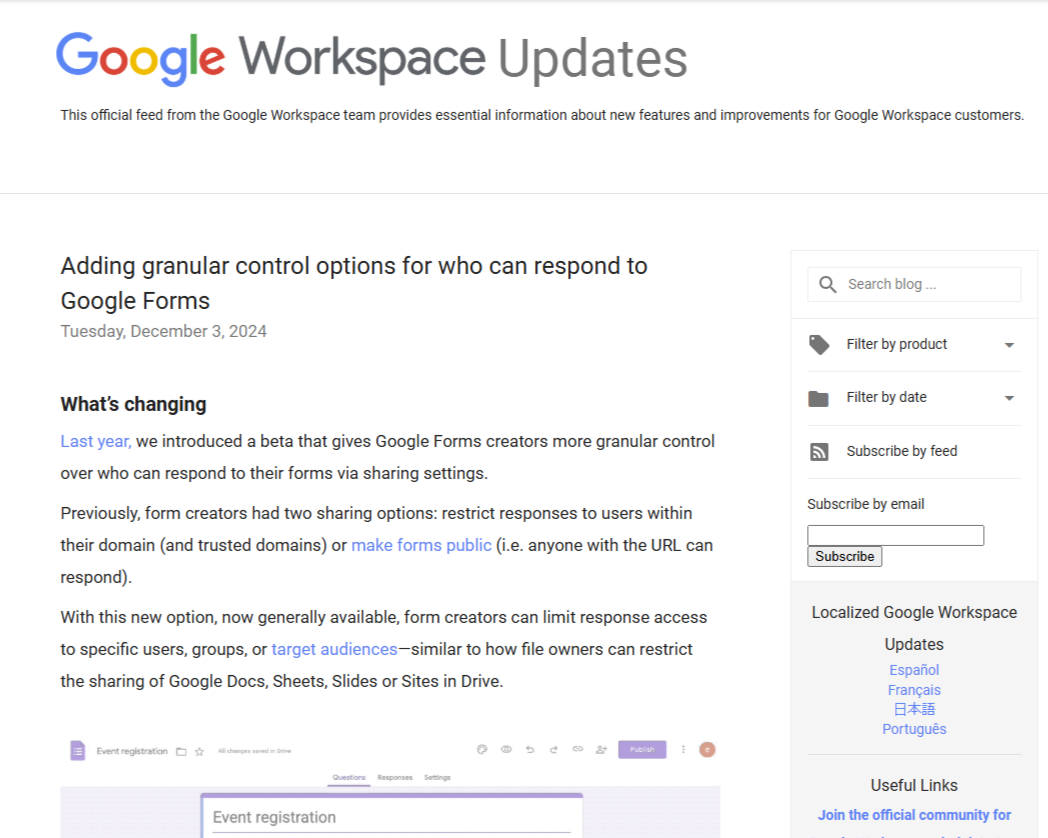 「Google Forms」で回答できるユーザーの設定がより詳細に