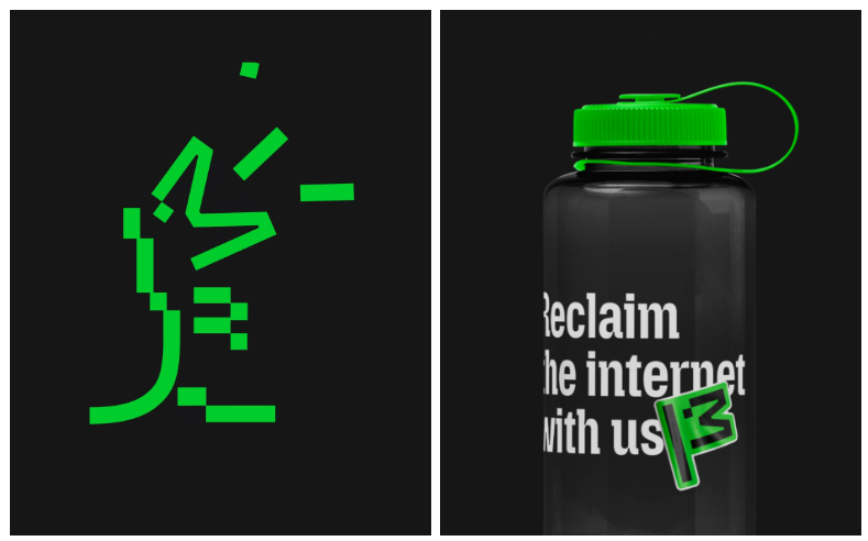 アスキーアートスタイルの新しい恐竜マスコット。「Reclaim the Internet with us」のスローガンと旗をあしらったグッズ