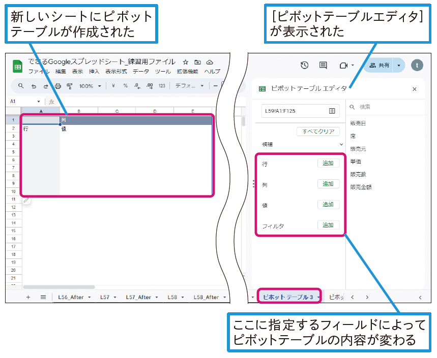 ピボットテーブルの作成直後は、フィールドを指定していないため、データは何も表示されません。手順②以降でフィールドを追加します。