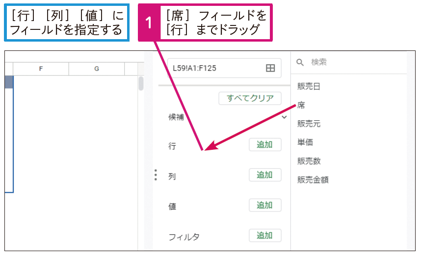 手順2では［、行］［列］［値］の順番にフィールドを追加していますが、任意の順番で指定して構いません。行見出しにするィールドを［行］、列見出しにするフィールドを［列］、集計対象のフィールドを［値］に指定します。