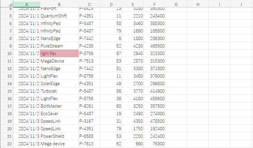 表記揺れと思われるセルが強調される