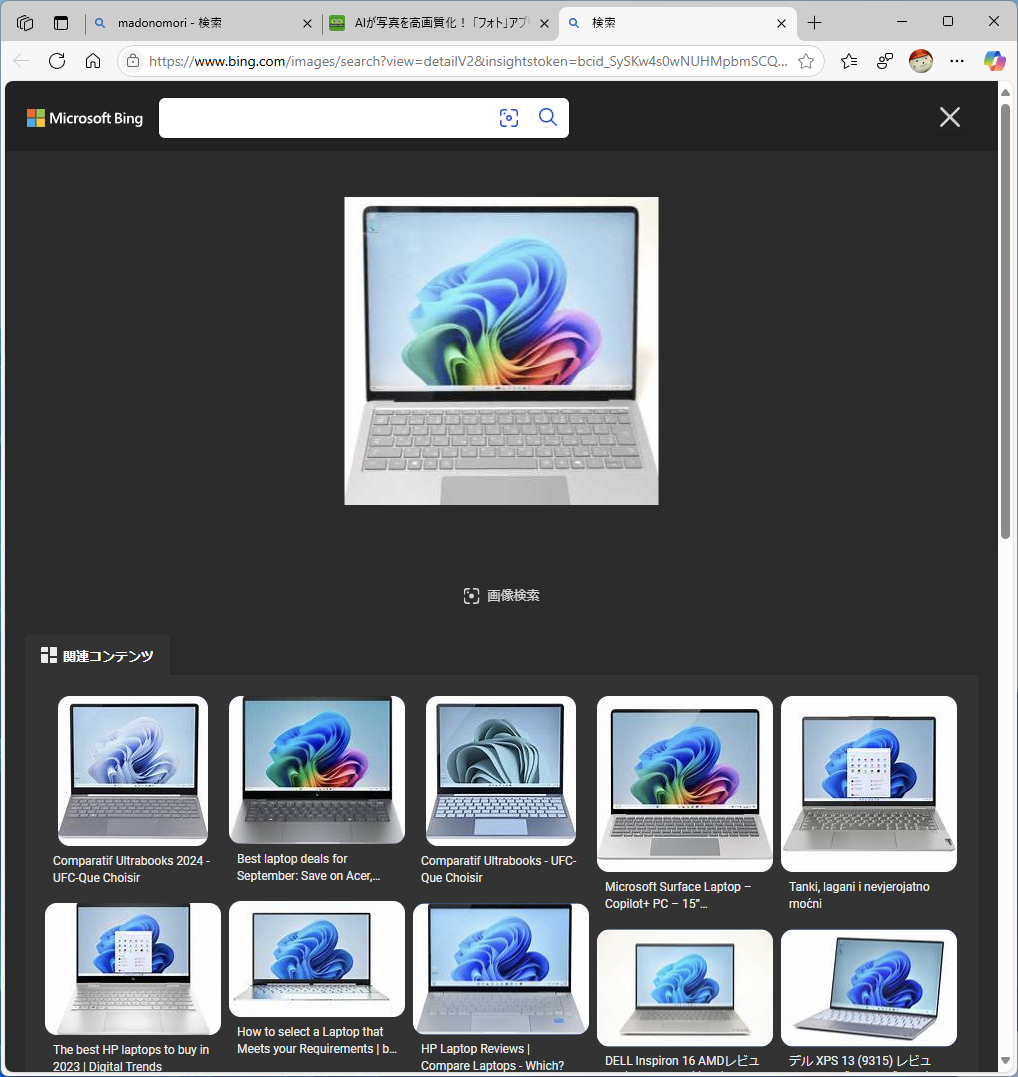 ［Bingで画像検索］を選ぶと、類似する画像があるリンクが示された