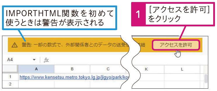 IMPORTHTML関数を初めて入力したときは警告が表示される