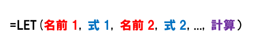 LET関数の構文。引数は、［名前］と［式］の組み合わせと［計算］で指定する。［名前］と［式］の組み合わせは126組まで指定可能