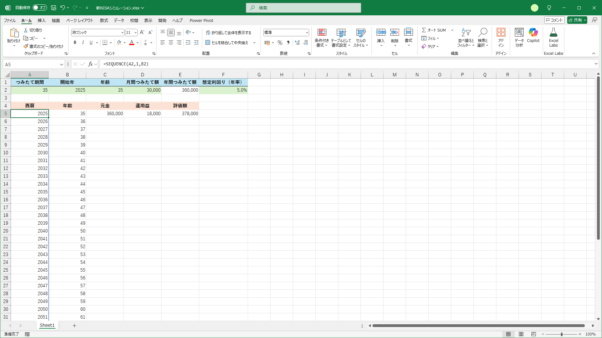 35歳の人が2025年から35年間、月額30,000円の投資、想定利回り（年率）は5.0％としています。下の表の西暦と年齢は自動的に表示されるように、SEQUENCE関数を使っています