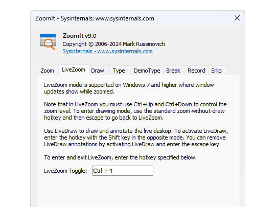 「ZoomIt」v9.0。「LiveZoom」中に注釈を行う「LiveDraw」がサポート