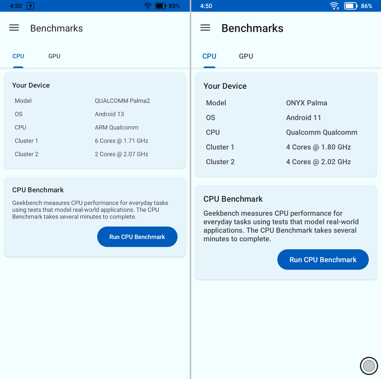 GeekBench 6によるハードウェアの詳細画面。Androidのバージョンが異なるほか、CPUも相違がある
