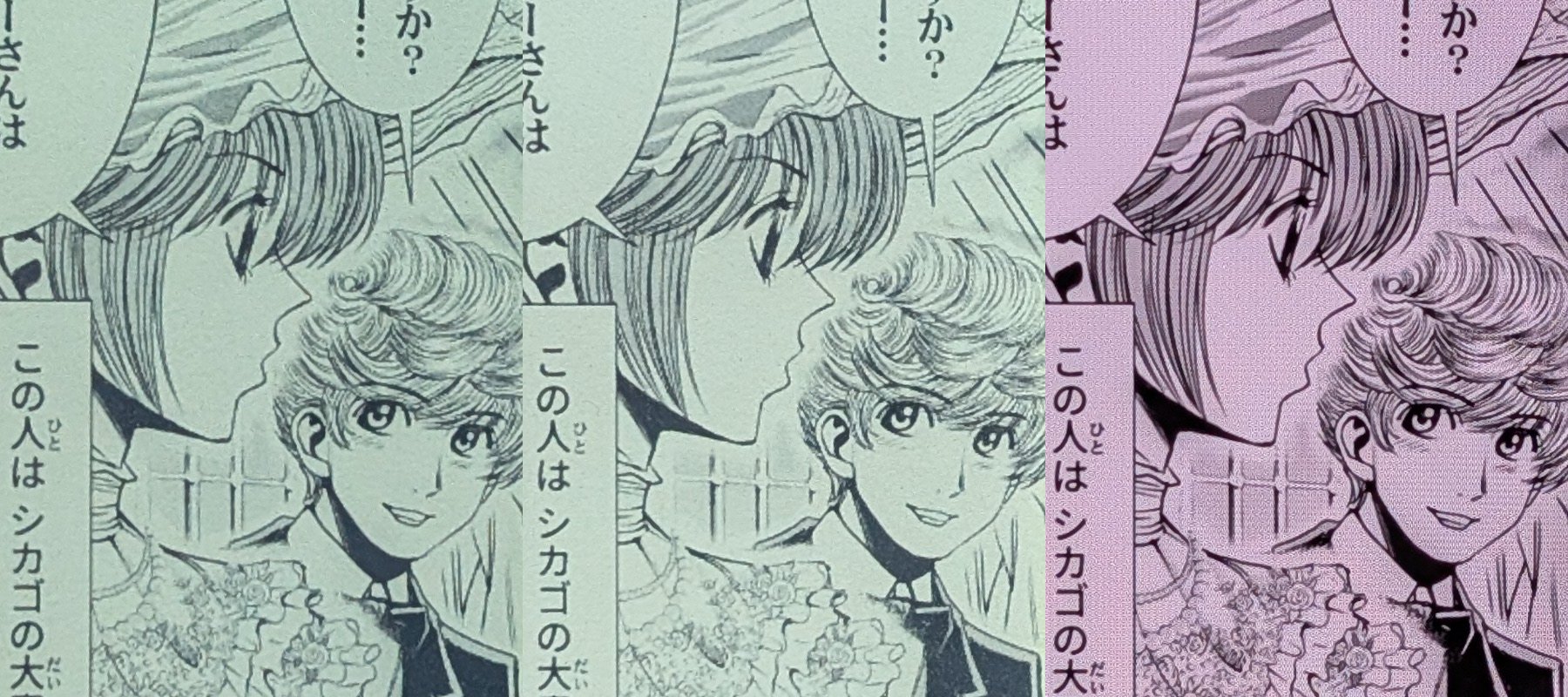 画質の比較。左から、BOOX Palma 2（300ppi）、BOOX Palma（300ppi）、iPhone 16 Pro Max（4﻿6﻿0ppi）。さすがに460ppiと比較すると不利だが、画面サイズがコンパクトな割には一定のディティールは保っている