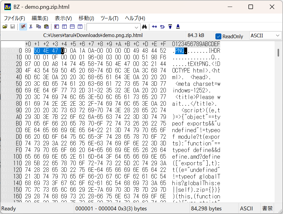 バイナリエディターで開いた様子。先頭にはPNGファイルであることを示すマーカーがあるが……