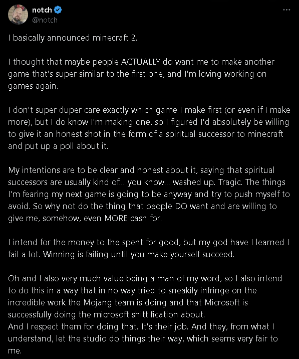 「マイクラ」開発者のnotch氏が『精神的続編としてのMinecraft 2』にXで言及