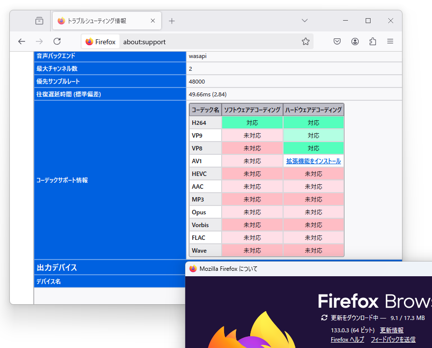 コーデックサポート情報（Firefox 133）