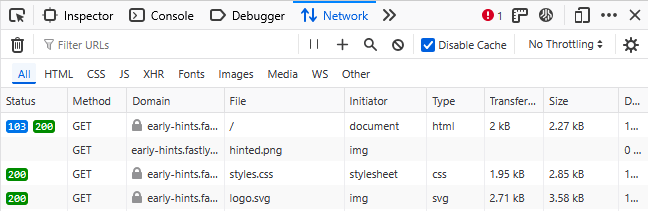 「103 Early Hints」関連の情報を表示する「ウェブ開発ツール」