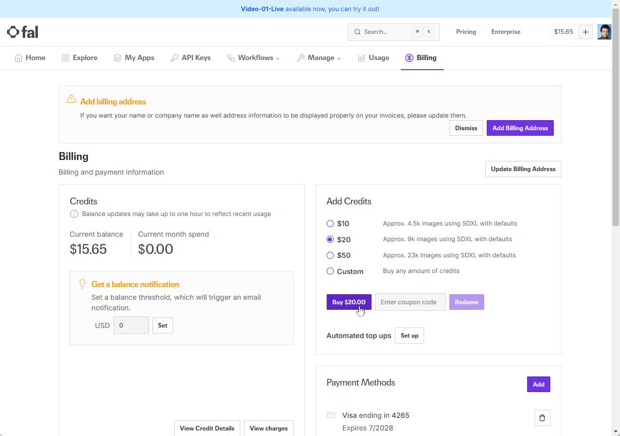 まずは［Billing］タブで課金する