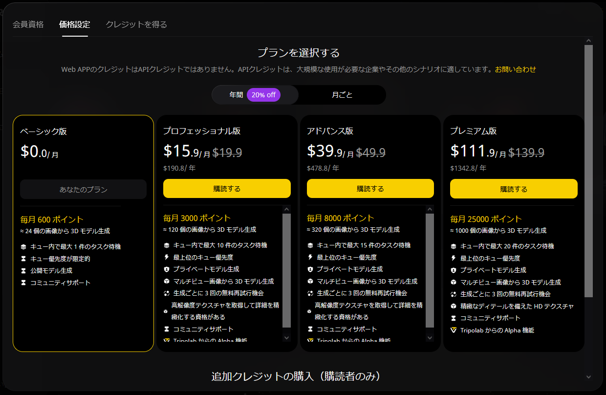 価格設定画面。デフォルトでは年払いなので、月払いにするには切り替える必要がある