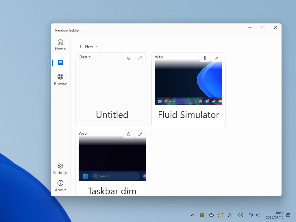 「RainbowTaskbar」v3.0。試しにタスクバーを透明化した様子