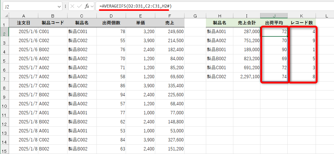 スピルの結果は、COUNTIF / COUNTIFS関数やAVERAGEIF / AVERAGEIFS関数などの関数からでも参照可能
