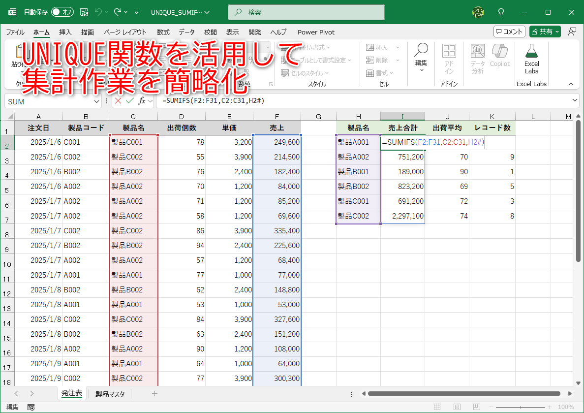 UNIQUE関数との組み合わせですばやく正確に集計できる