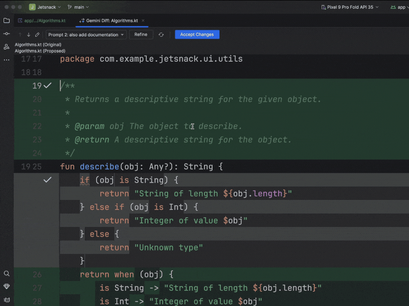 コードに加えたい変更を記述すると、それに応じた差分を「Gemini」が提案